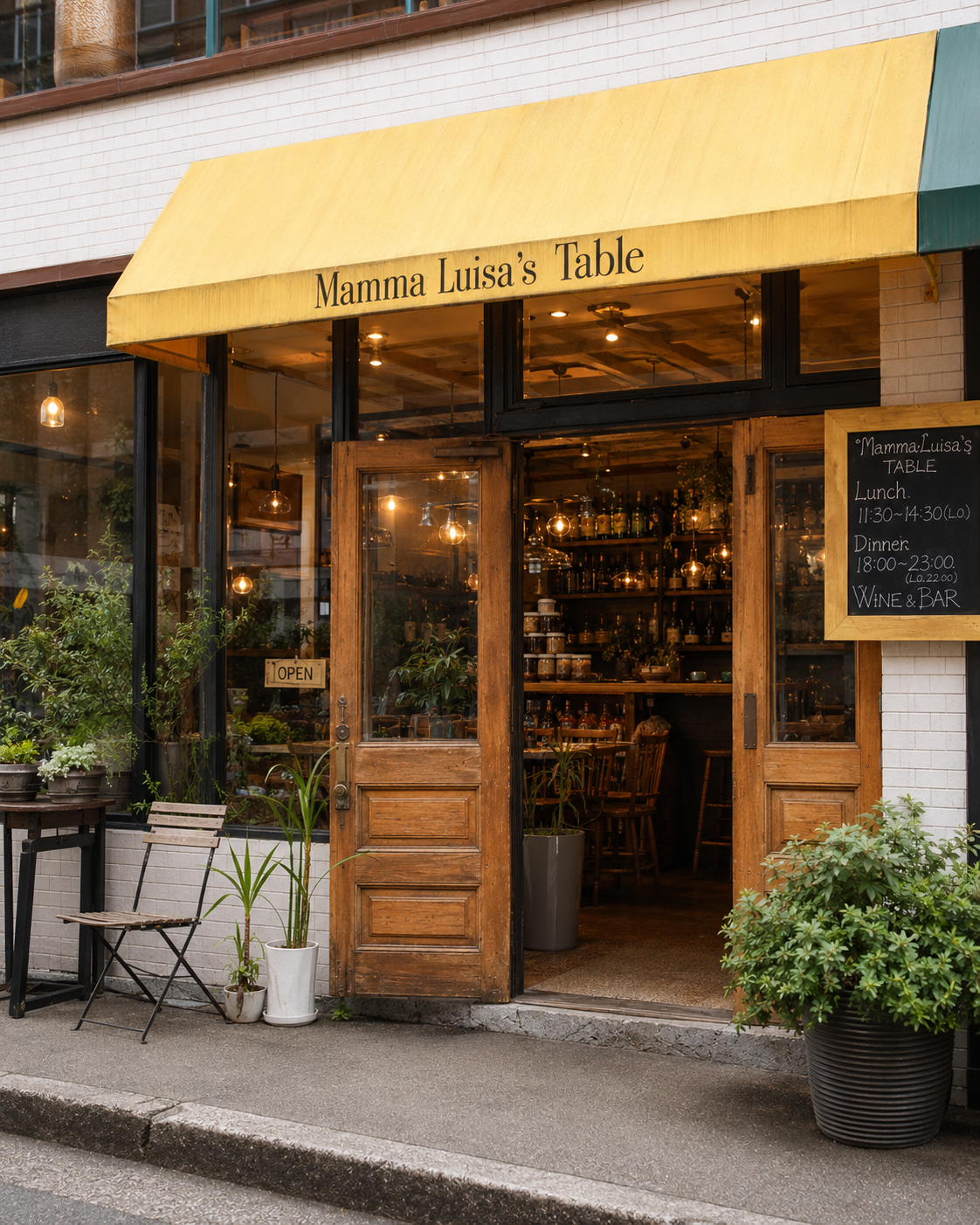 The wooden doors of Mamma Luisa's Table stand half-open beneath a yellow awning, warm amber light spilling onto the Ebisu pavement