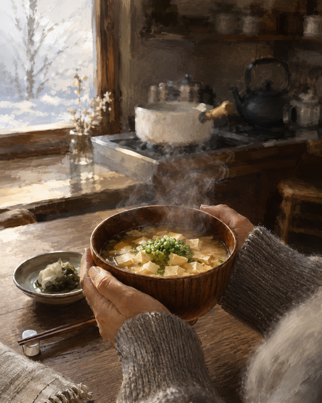 Hands cradling a steaming bowl of miso soup in a winter kitchen